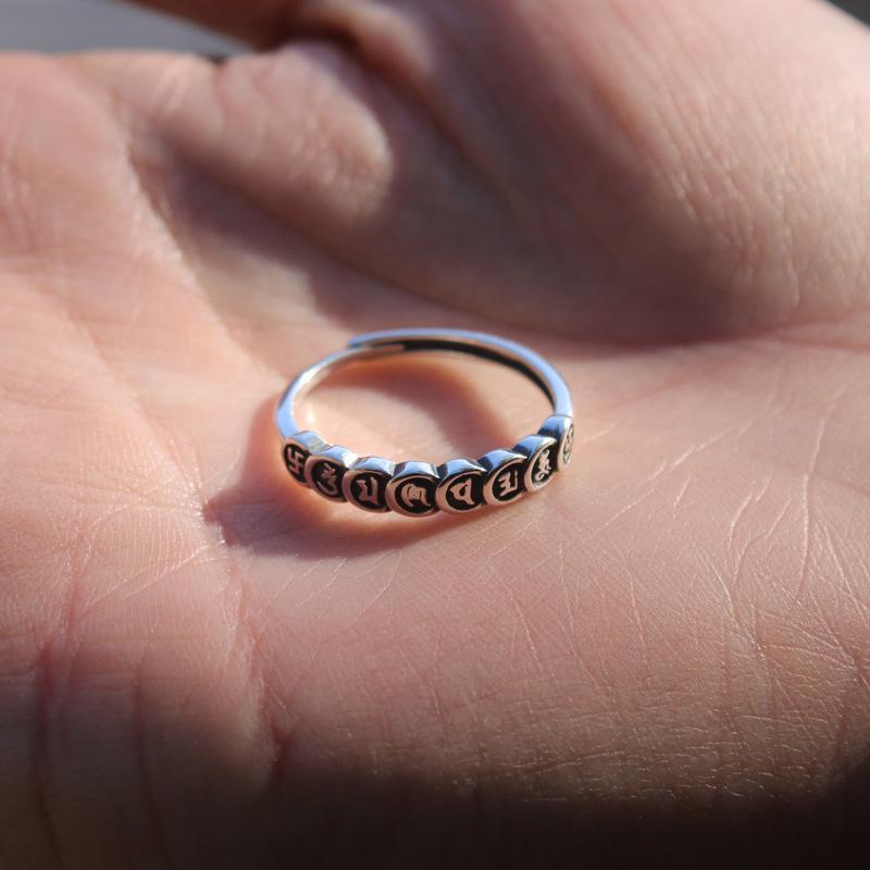 S925 Silver Six-Character Great Compassion Mantra Ring: Retro Buddhist Wheel with Wisdom and Compassion