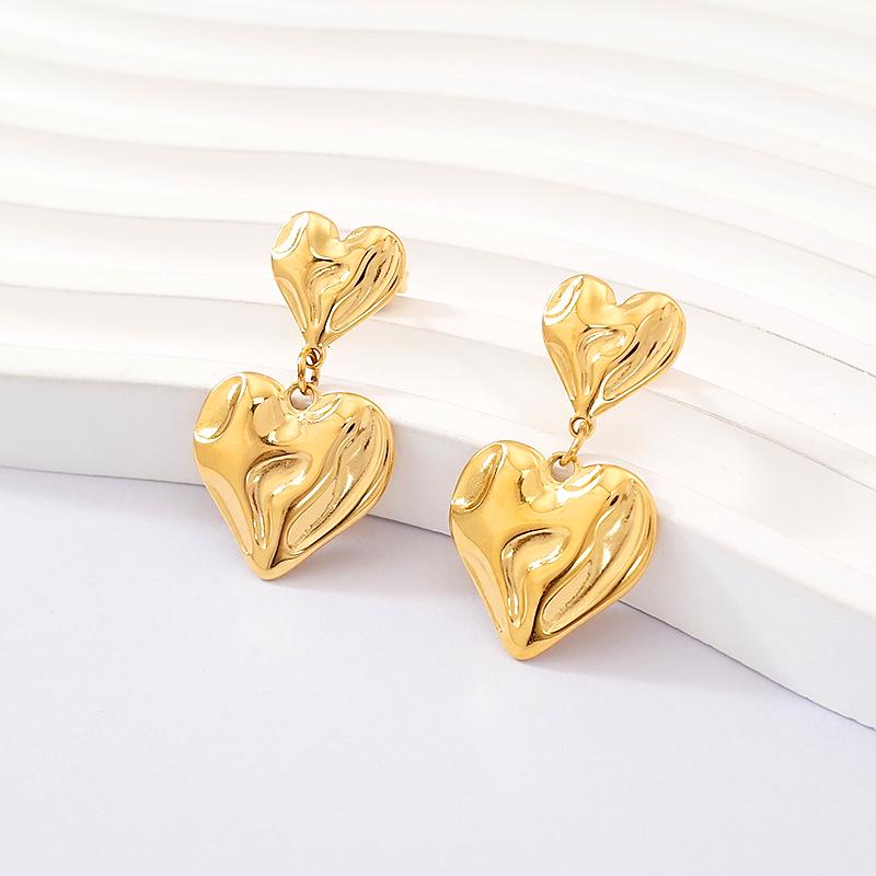 18K Gold Plated Double Layer Heart Earrings for Women - Fashionable & Versatile Peach Heart Studs