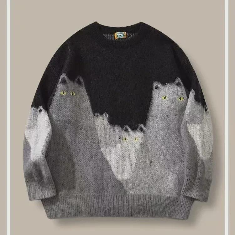Euroamerikanischer Herbst/Winter Katzenmuster Jacquard Strickpullover - Langärmlig, Lockere Passform, Rundhalsausschnitt, Lässiger Komfort