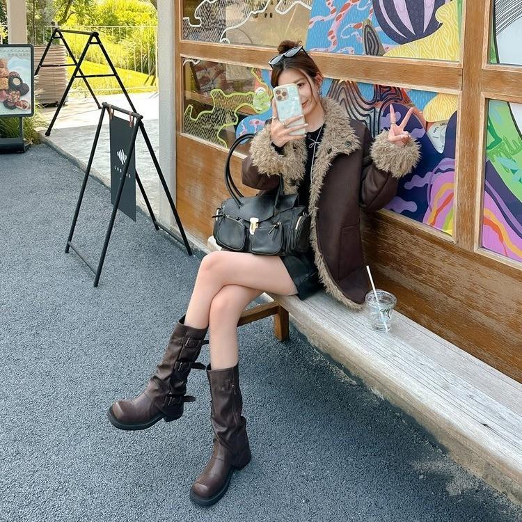 Korean ins~ Amber Soft Leather Wasteland Wind Pile Boots Women's Belt Buckle Height Increasing Skinny Medium Boots Pant Tube Boots