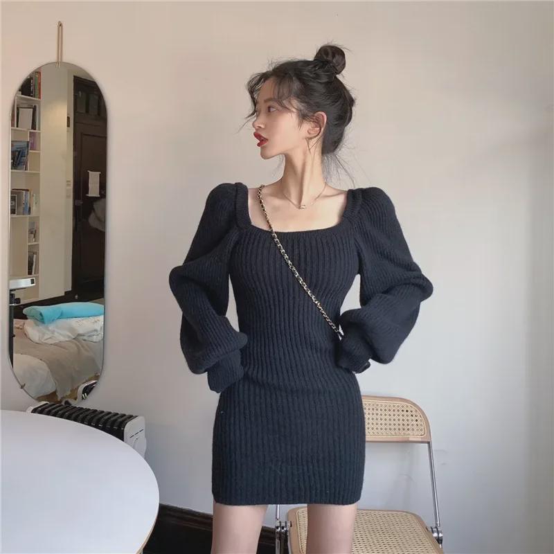 Women's Square Collar Sweater Dress - 2023 Autumn/Winter, Waist-Defining Hot Girl Style with Lantern Sleeves, Short Skirt.