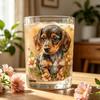 Whiskey Glass, Dachshund Glass Tumbler, Hand Painted Dog Floral Cup for Whiskey Coffee, Home Bar Gift for Dog Lovers