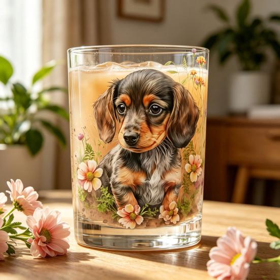 Whiskey Glass, Dachshund Glass Tumbler, Hand Painted Dog Floral Cup for Whiskey Coffee, Home Bar Gift for Dog Lovers