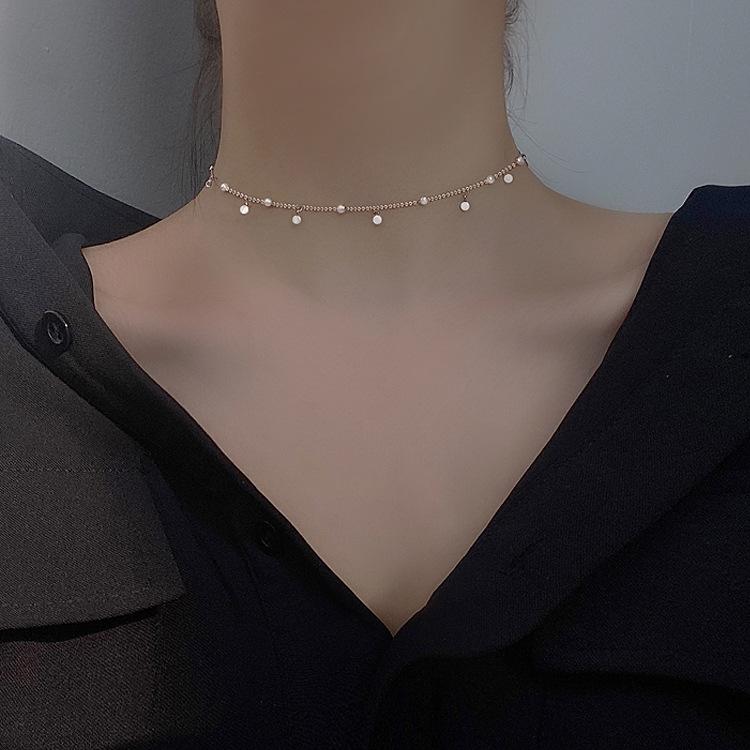 Trendy Clavicle Chain Beaded Necklace with Round Pendant and Tassel Choker for Women