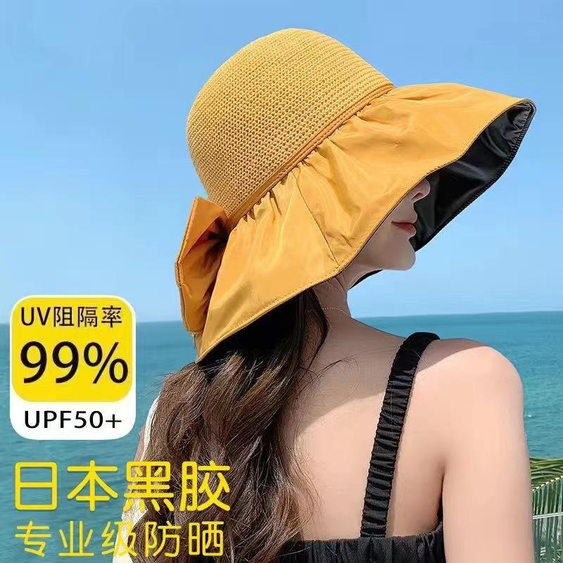 New summer versatile outdoor visor big brim bucket hat portable sunscreen sun hat bow women's hat