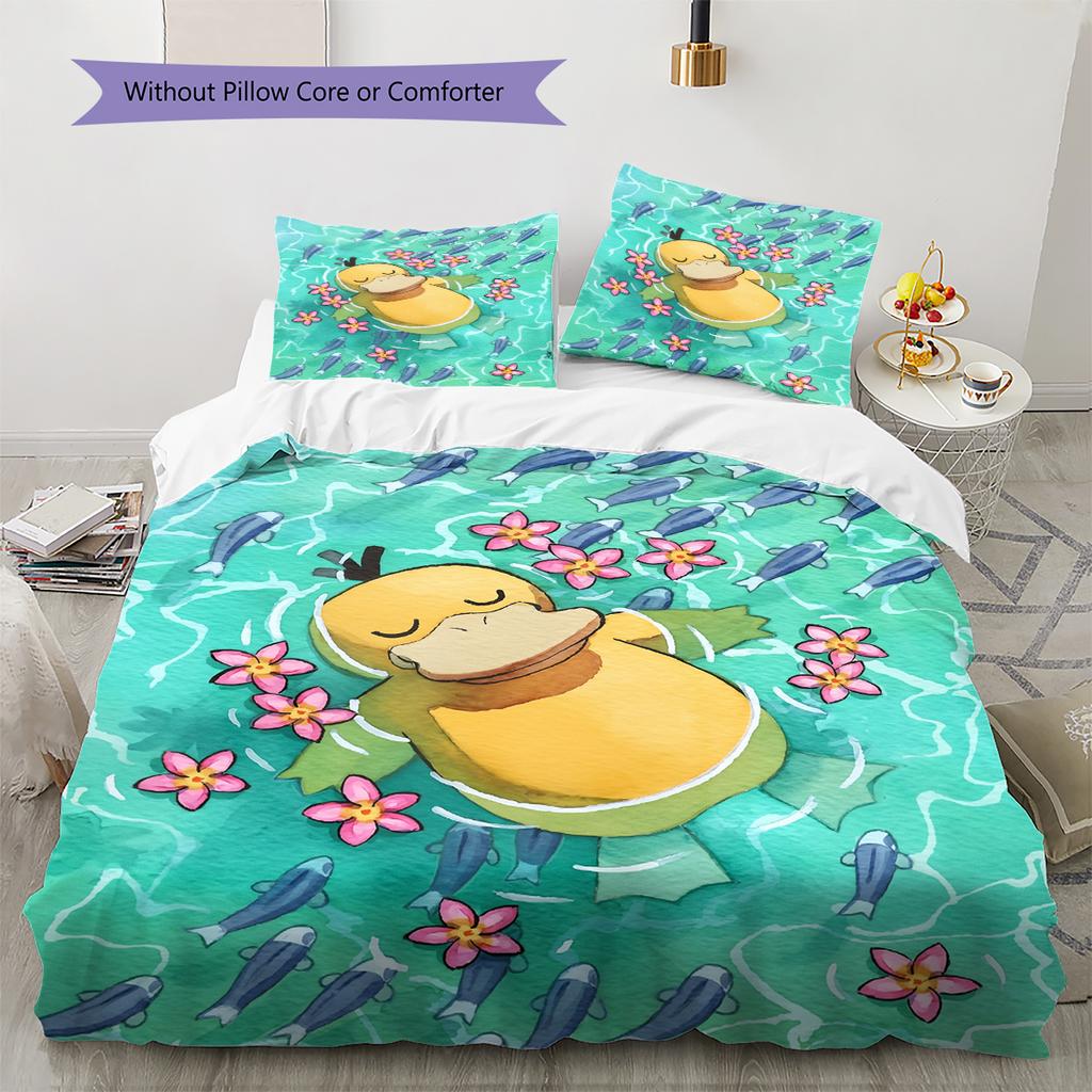 Biancheria da letto con motivo Psyduck Pokémon Decorazione per la casa Regalo di compleanno (1 * copripiumino + 2 * federa, senza nucleo)