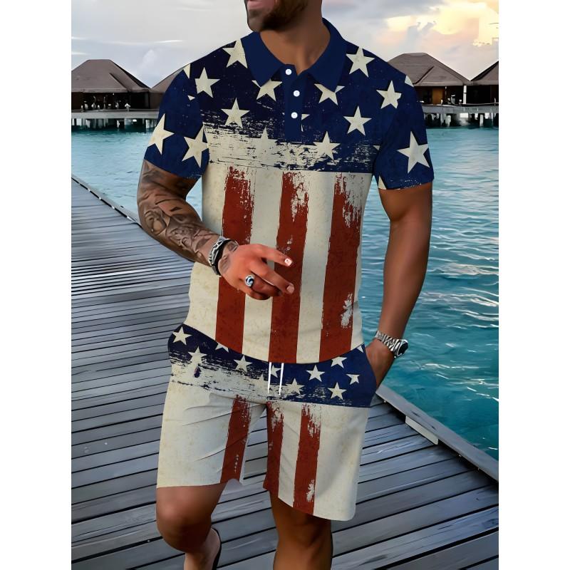 Mens Casual Loose Fit Polo Shirt With 3D Digital Print Short Sleeve Asymmetrical Design Wear