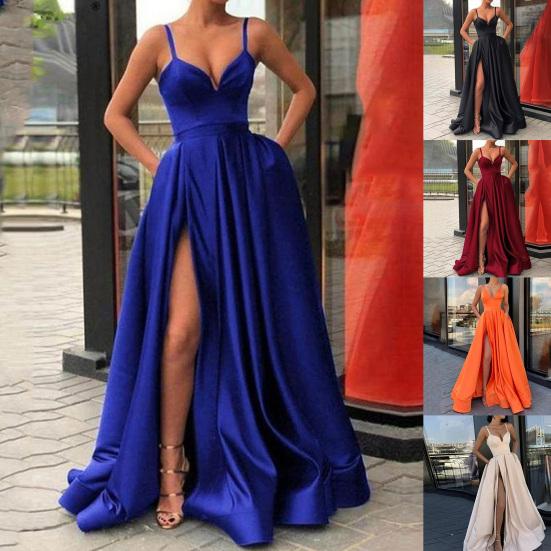 Lady Dress Side Slit A-Line Satin Sleeveless Spaghetti Straps Banquet Dress for Parties