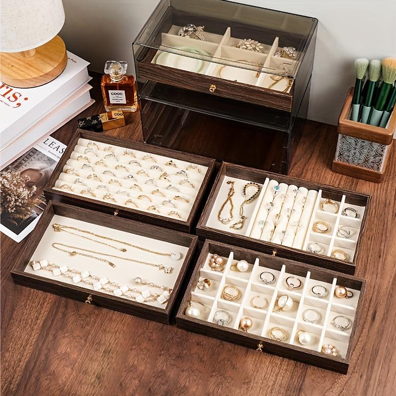Large Capacity 3-Tier Jewelry Storage Box Drawer Organizer Walnut Wood Grain Multi-layer Stackable Necklace Earrings Jewelry Box