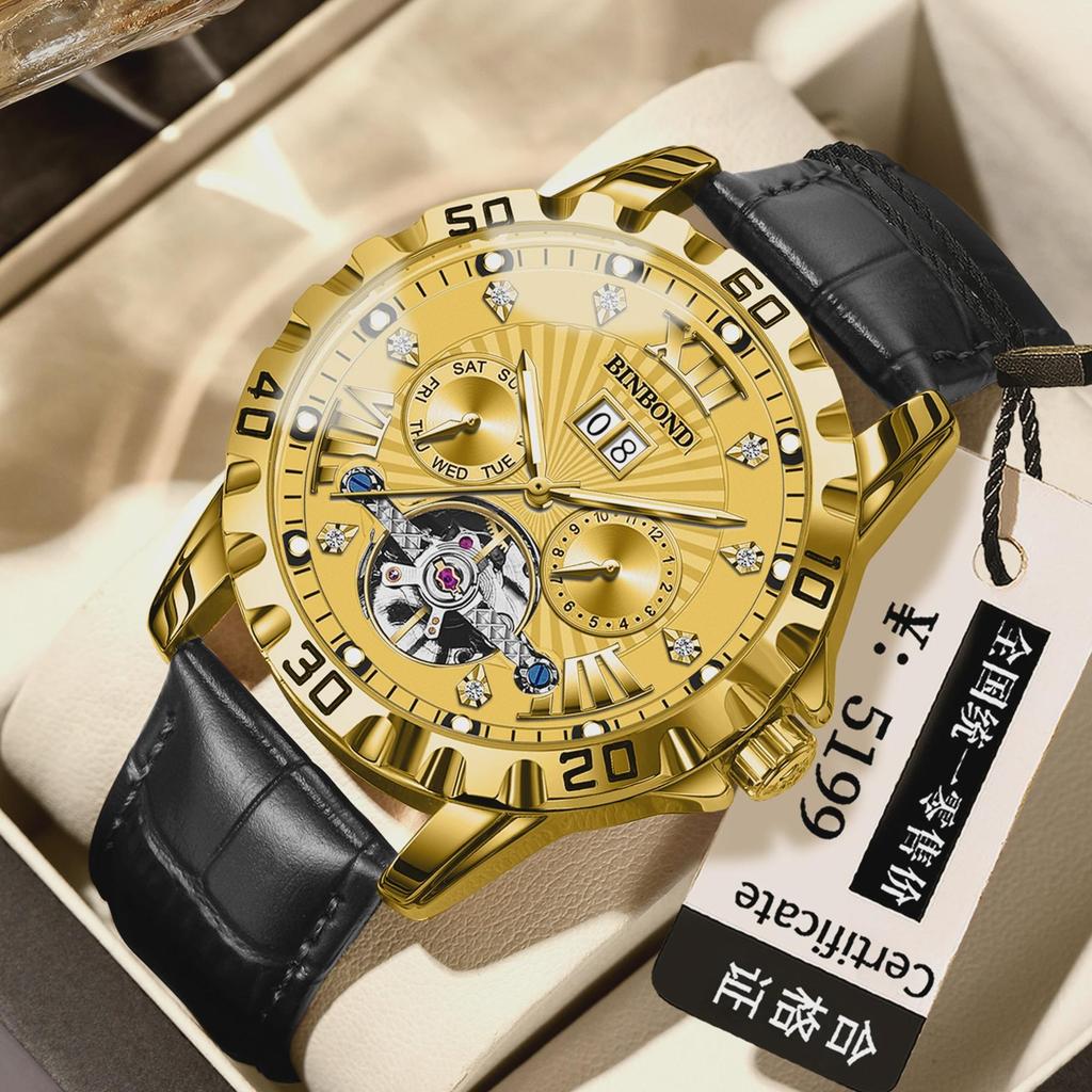 BINBOND Automatic Tourbillon Mechanical Wristwatches for Men Luxury Luminous Waterproof Men's Business Watch