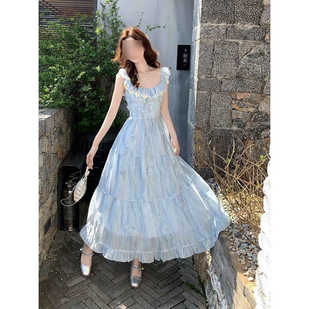 Women's summer sweet and thin skirt blue long casual girlish print Xiaofei sleeve suspender dress