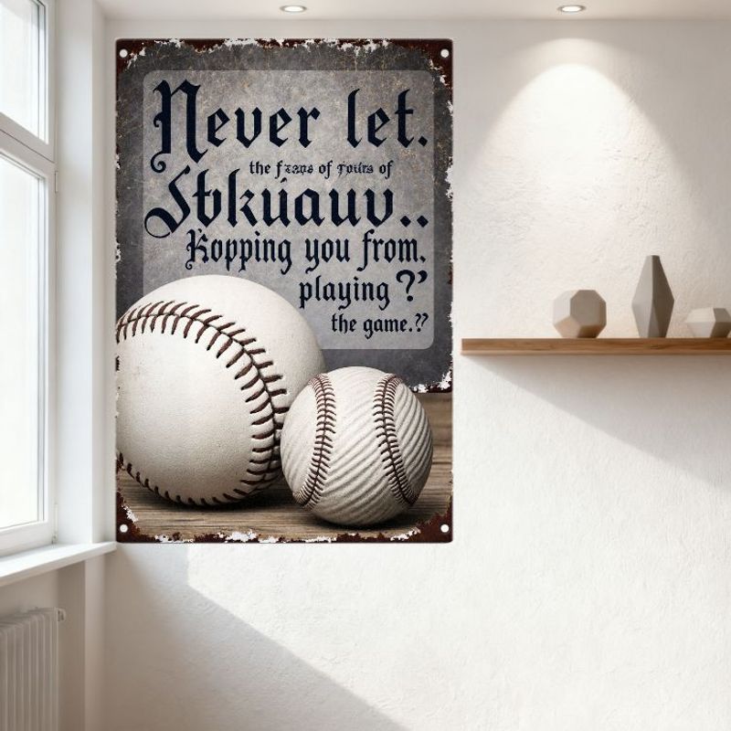 Rustic Vintage Metal Sign with Baseballs - 'Never Let Fears Keep You From Playing' Inspirational Plaque for Man Cave Home Decor,