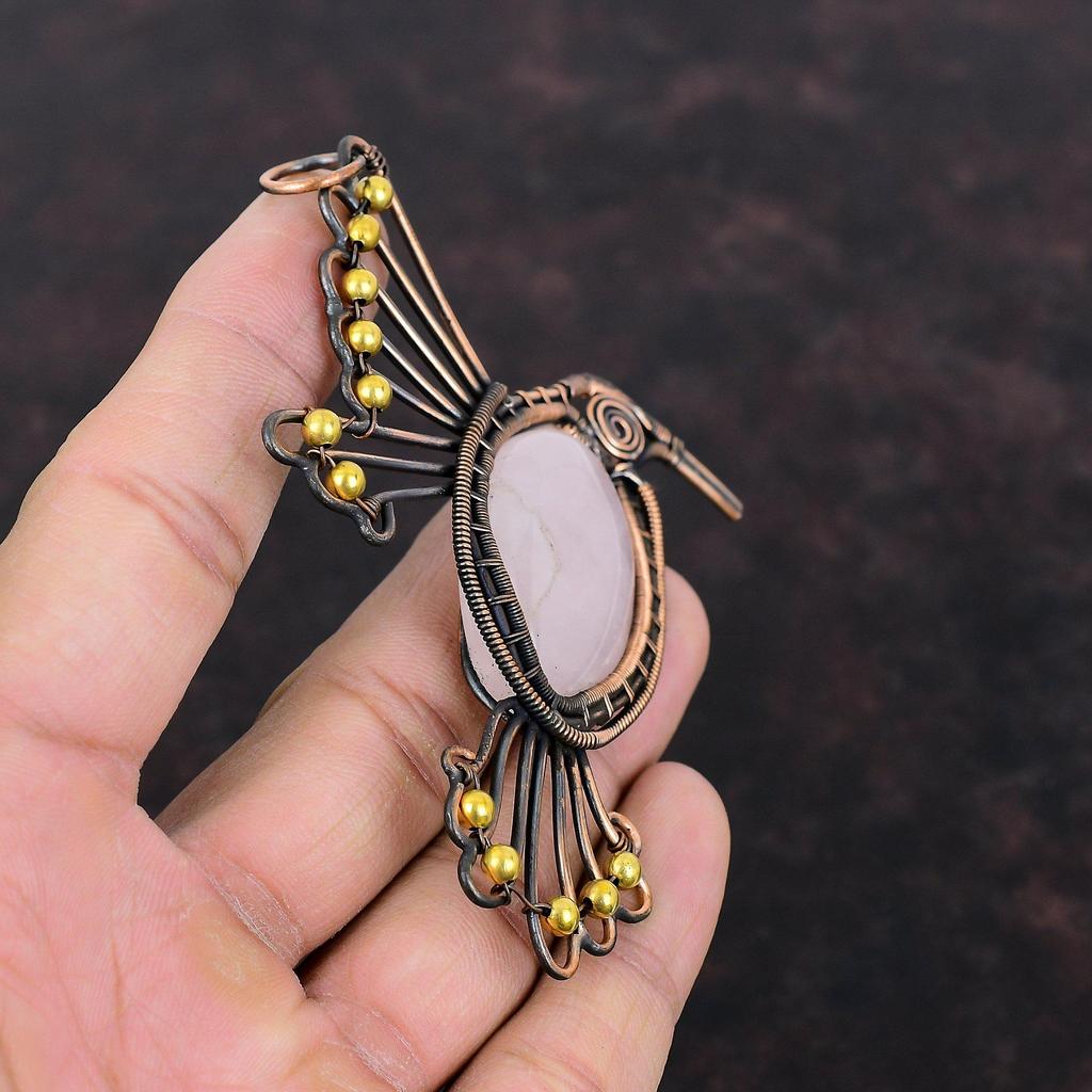 Rose Quartz Pendant Copper Wire Wrapped Pendant Gemstone Bird Pendant Rose Quartz Jewelry Women Pendant Gift For Him Handmade Copper Jewelry