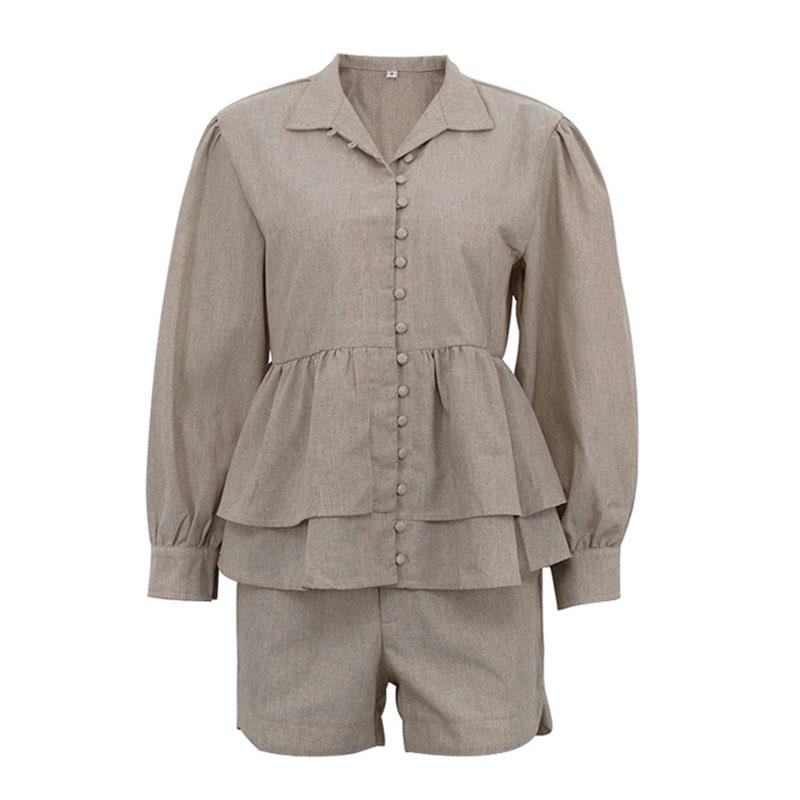 Women's Collar Double Layered Lace Shirt Shorts Set Solid Color Pleated Decoration Women's Summer Set Daily Casual Style Lady Clothes