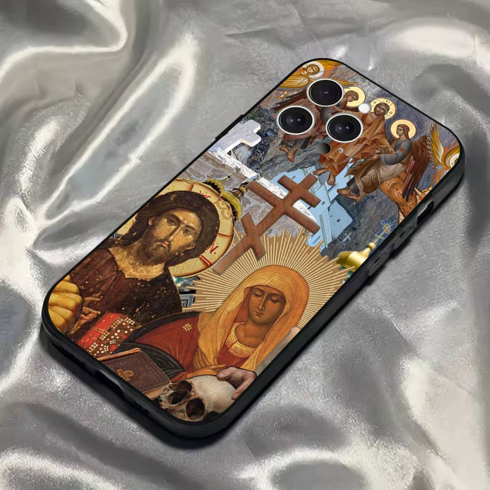 Icono de Cruz Ortodoxa Funda de Teléfono de Iglesia Para iPhone 16,15,14,13,12,11,Pro,Max,Plus,X,XS,SE4,E,Mini,Funda Negra Suave