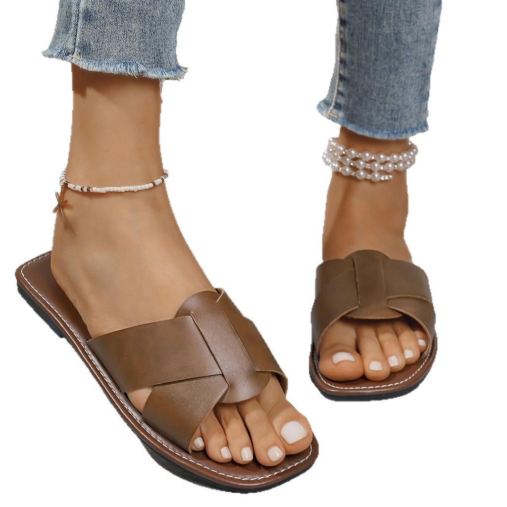 2025 Sommer flache Schuhe Damen Kreuzriemen Damen Hausschuhe Europäischer und Amerikanischer Außenhandel Übergröße Vielseitig Verschleißfest Flach Kühl Hausschuhe