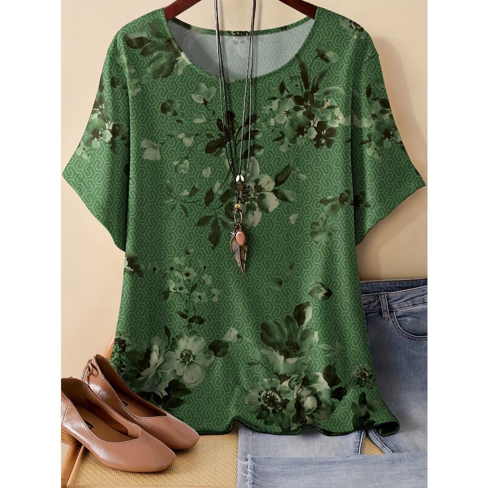 Summer Women Pattern Splicing Flower 3D Printed Short Sleeved T-shirt Fashionable Comfortable Soft Breathable Large Loose Retro Style T-shirt