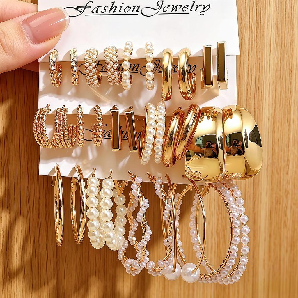 Retro Heart & Geometric Pearl 11-Piece Women's Earring Set