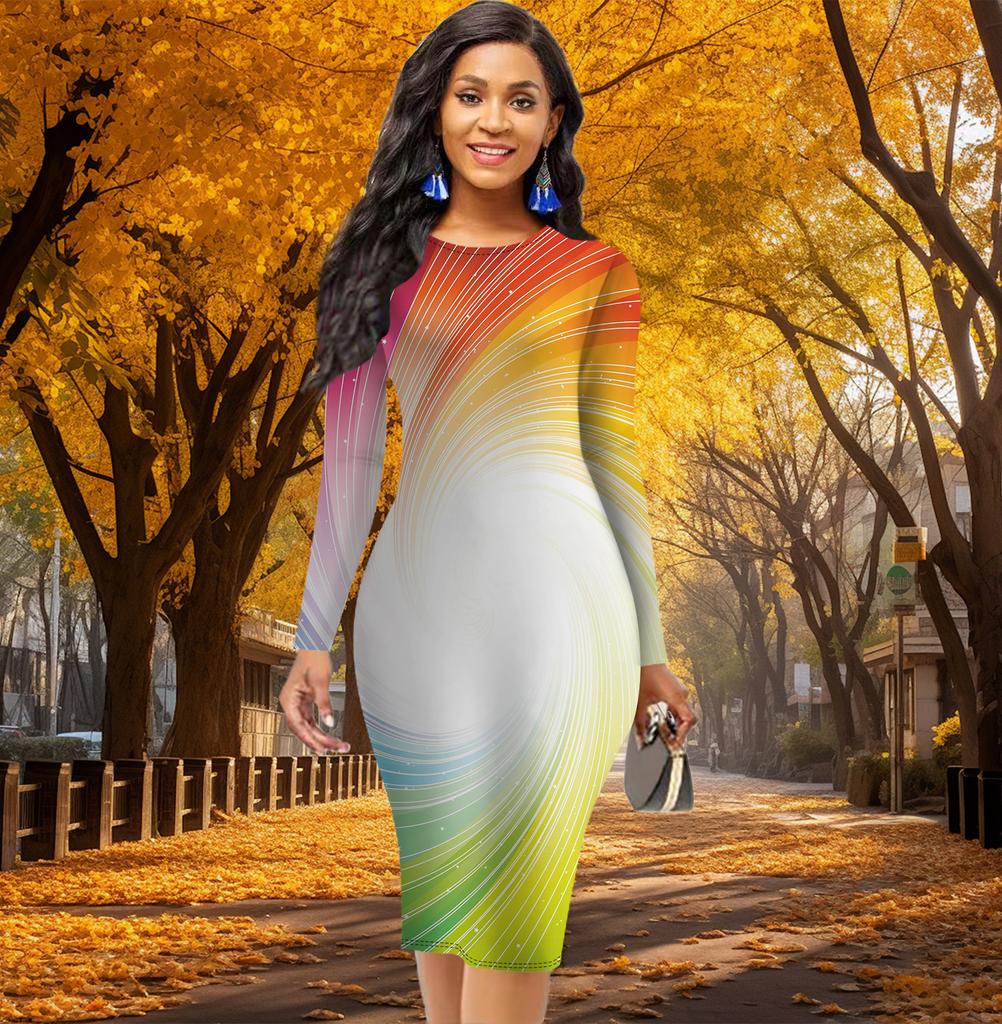 Long Sleeve Waist Tight Office Slim Fit Beautiful Lines Vortex Printing Elegant Bodycon Dress