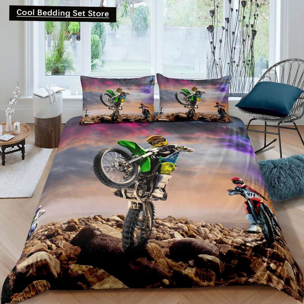 Dirt Bike King Queen Duvet Cover Motocross Sports Bedding Set Motorcycle Quilt Cover Youth Cool Black White Soft Comforter Cover