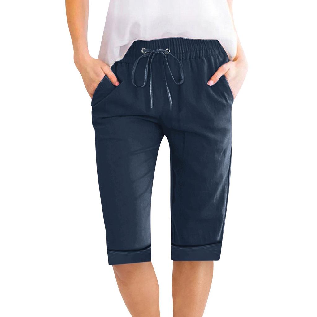 Women's Color Drawstring Cotton Linen Casual Pants Pocket Elastic Waist Home Five Piece Pants