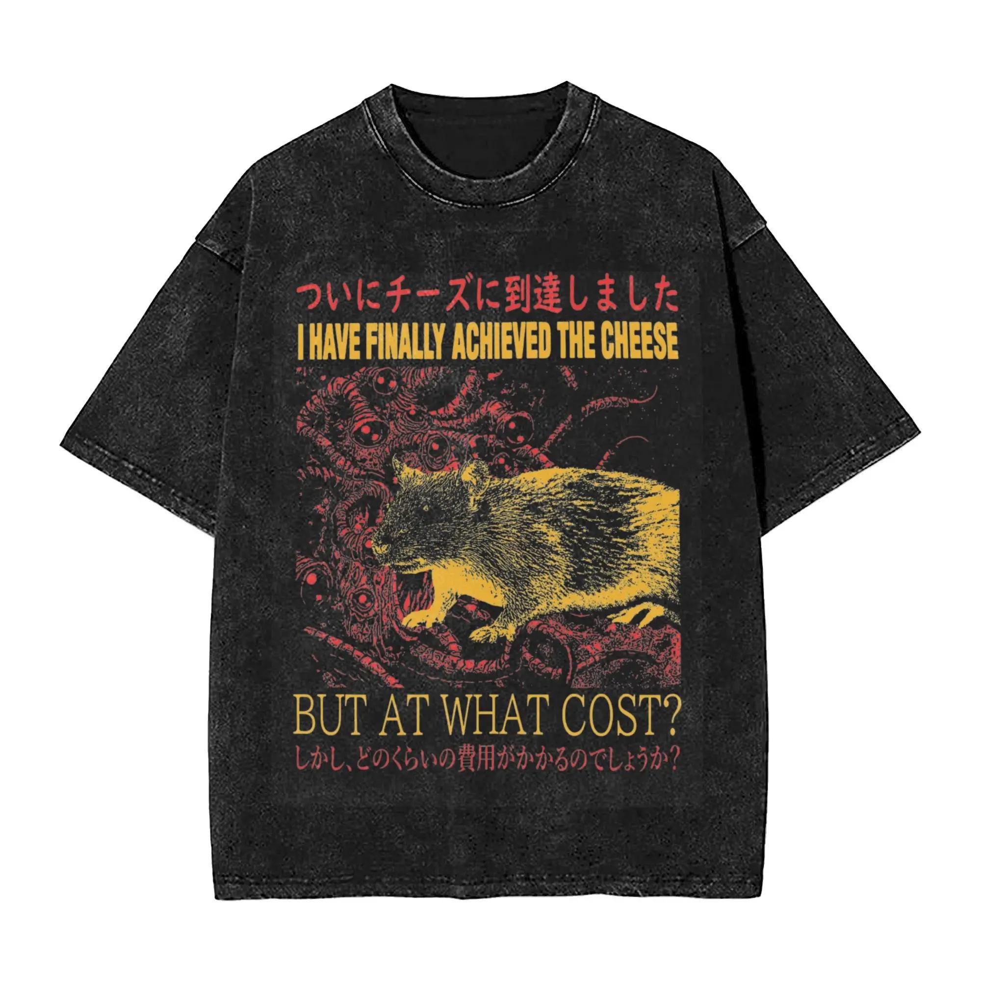 Washed T Shirts Finally Achieved the Cheese Hip Hop Vintage T-Shirt Oversize Rat Streetwear Graphic Tops Tops Tees Men Women S разноцветный