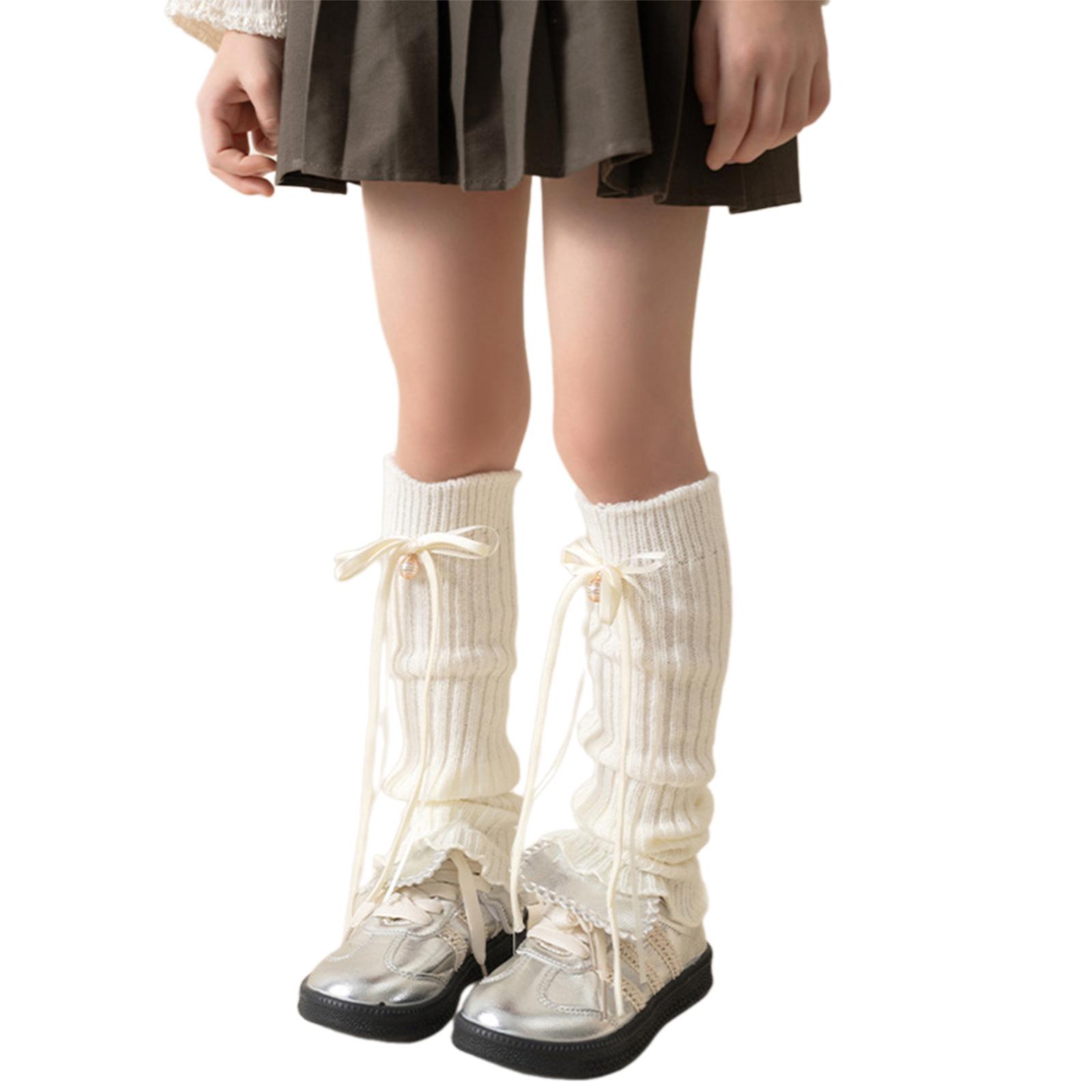 

Милые носки с колокольчиками, длинные, складные, с лентой, для девочек, классические однотонные носки с рукавами, вязаные чехлы для ног белый