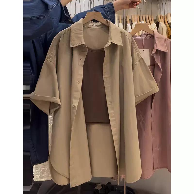 over Plus Size 150.00kg Hong Kong Style Chic Short-Sleeved Shirt for Women Plus Size Ladies Summer Thin Loose Retro Cardigan Shirt Trendy 2