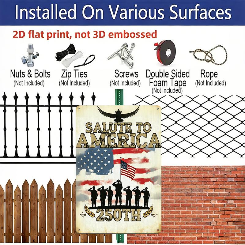 2D Flat "Salute To America 250th" Patriotic Metal Sign, 8×12 Inch Aluminum Wall Art, Vintage American Flag Design, Durable Decor for Independence