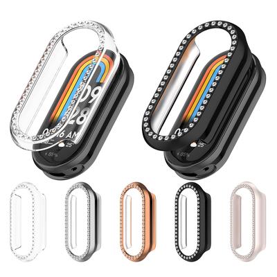 Rhinestones PC Hollow Out Half Wrap Case Protector Sleeve For Band 9 Smartwatch With Tempered Glass Antidust Shockproof