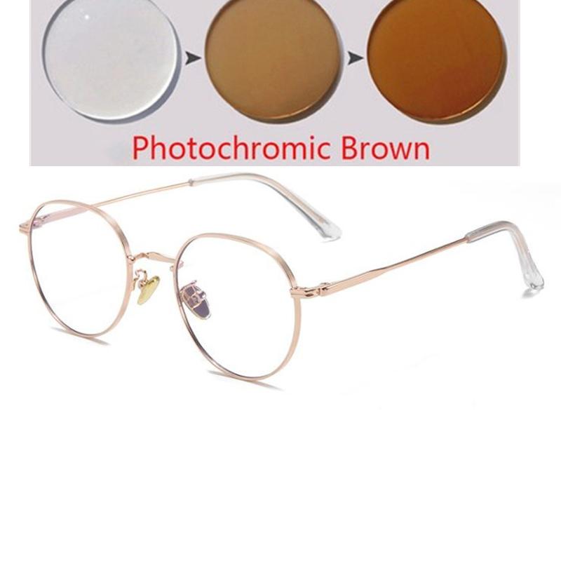 Metal Anti Blue Light Polygon Myopia Glasses Finished Women Men Photochromic Gray Prescription Eyeglasses 0 -50 -75 -100 To -400