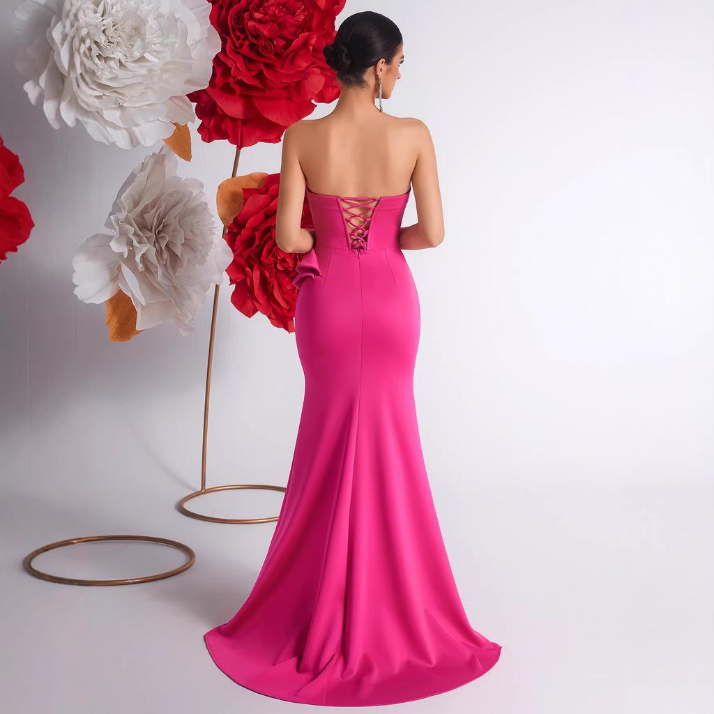 European and American New Tube Top Women's Heavy Industry Nail-drilled Ruffle Edge Dress, Slim-fitting High-split Banquet Hosting Evening Dress