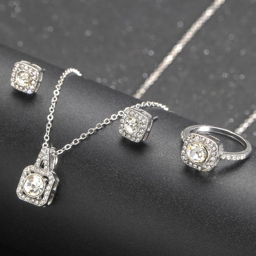 Luxury Square Zircon Crystal Gold Color Earrings Necklace Ring for Women Princess Bride Wedding Banquet Jewelry Set Gift