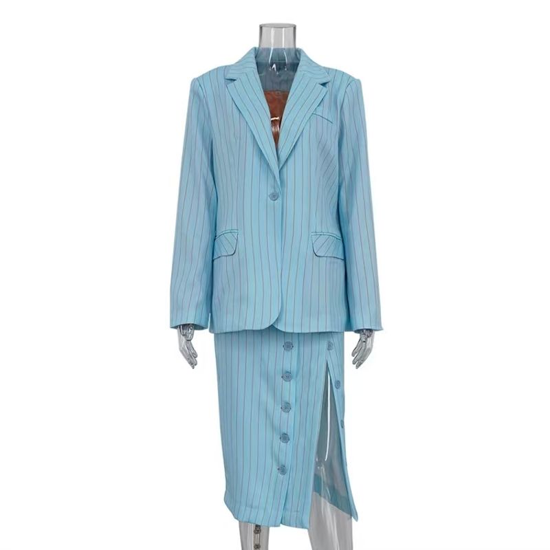 

Western Style New Temperament Blazers Skirt sets Striped Suit Half Skirt Set Blue L