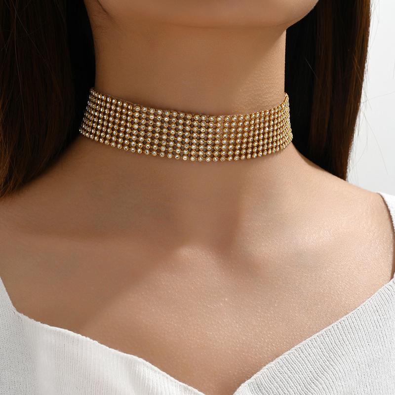 Funkelnde Silberfarbe Kristall Halsband Choker Halsketten für Damen Braut Goth Strass Schlüsselbein Kette Halskette Eleganter Schmuck