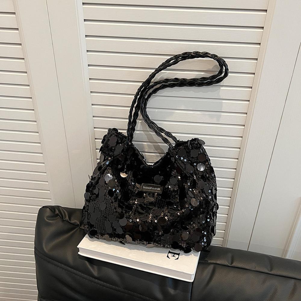 New Sparkling Sequin Shoulder Bags Large Capacity Zipper Closure Fashion Handbag Solid Color Tote Bag Women