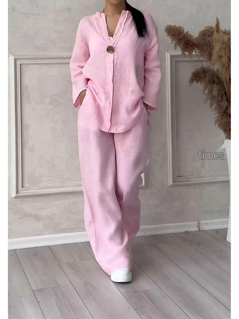 Women's Plus Size Cotton Linen Summer Shirt & Long Pants Two-Piece Set