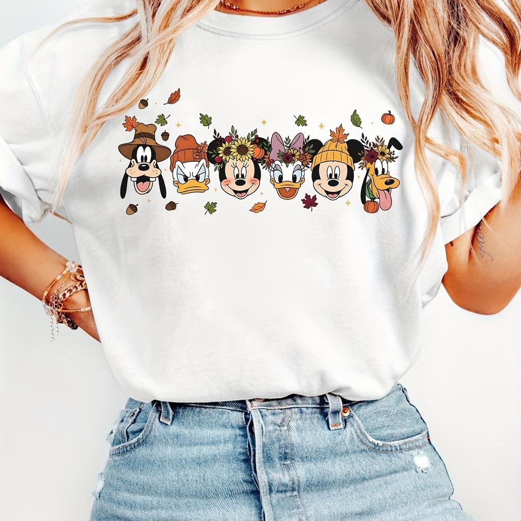 Disney Ladies High Flying Donald Duck Minnie Daisy Pluto Wreath Leaves Pumpkin Soft Round Neck 100% Pure Cotton Printed T-shirt