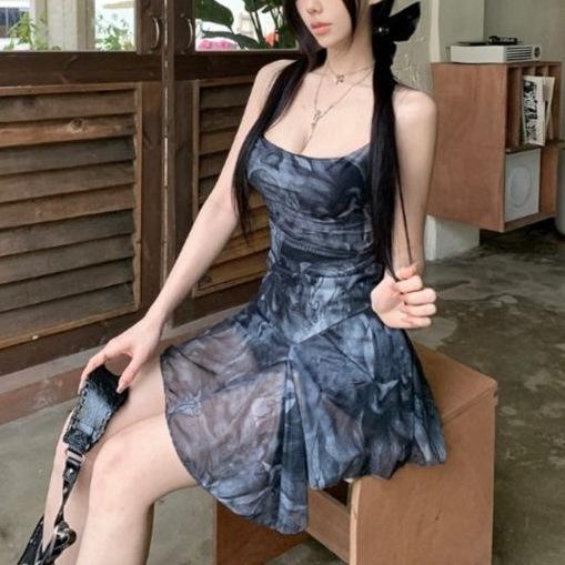 Summer Suspender Dress Women Wear Thin Versatile Short Skirt Pure Lust Hot Girl Cross Backless Irregular Print