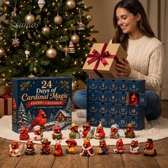 Christmas Desk Decor Red Bird Advent Calendar, 24 Unique Miniature Holiday Ornament Set Figurines, Tree Hanging Ornaments for Gifts Parent Child