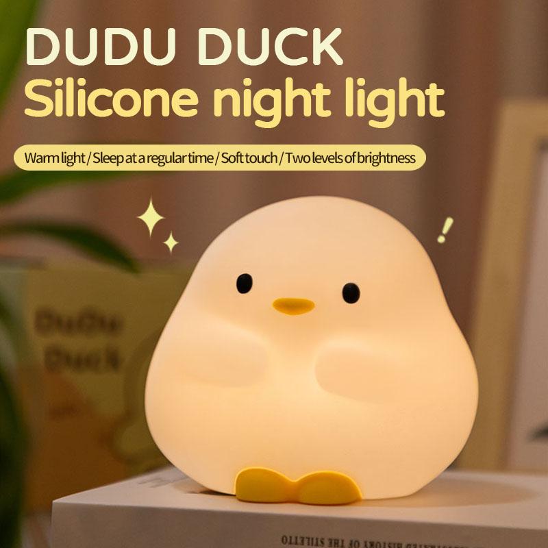 Cute Duck Cartoon Animal LED Night Light - Silicone Touch Sensor Timing USB Rechargeable Lamp for Children Birthday Presents