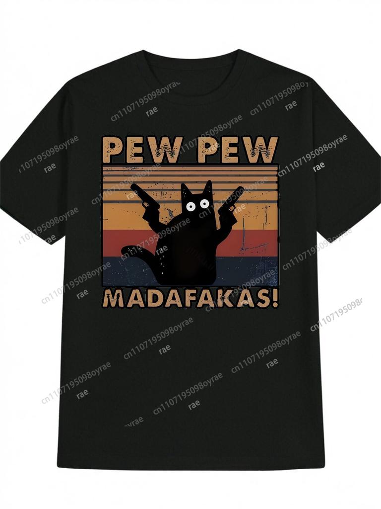MenS Casual Short Sleeve TShirt with PEW PEW MADAFAKAS Graphic Print Black Round Neck Summer Tee Lightweight Breathabl