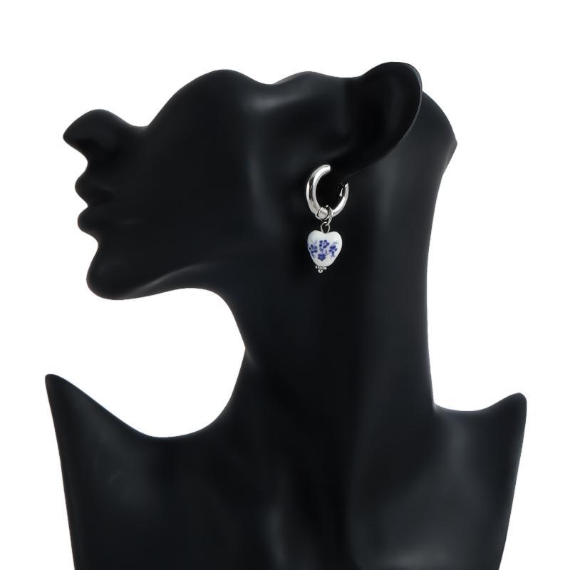 1Pair Blue White Color Ceramic Pendant Earrings Ear Buckle Chinese Style Ear Buckle Hanfu Round Bead Heart-Shaped Earrings