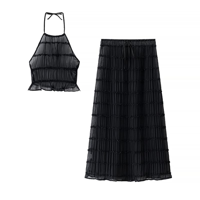 

Roman Island Holiday French style Lazy Gyaru Pleat Sexy Backless Hanging Neck Sling Long Skirt Two-piece Set Black Two-piece set L