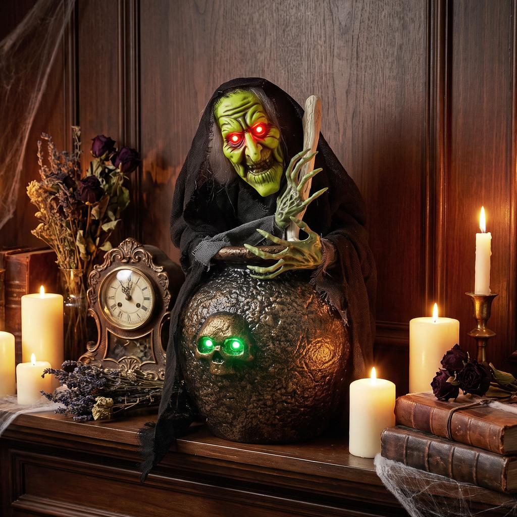 Animated Halloween table witch with laughing sound, glowing eyes and sound/touch activation