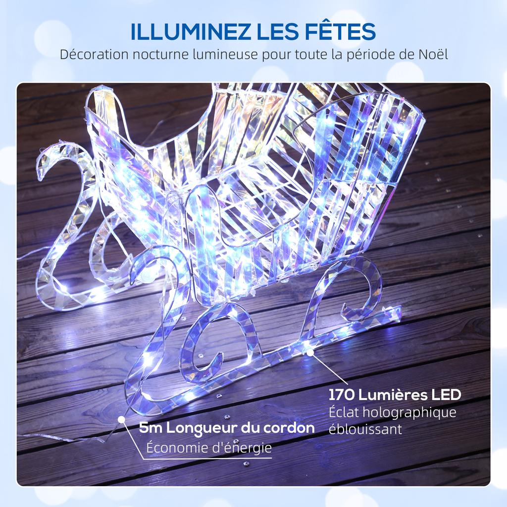 Rozsvícený vánoční sob a saně se 170 teplými bílými LED diodami, Vánoční dekorace pro vnitřní i venkovní použití, 60x29x115cm