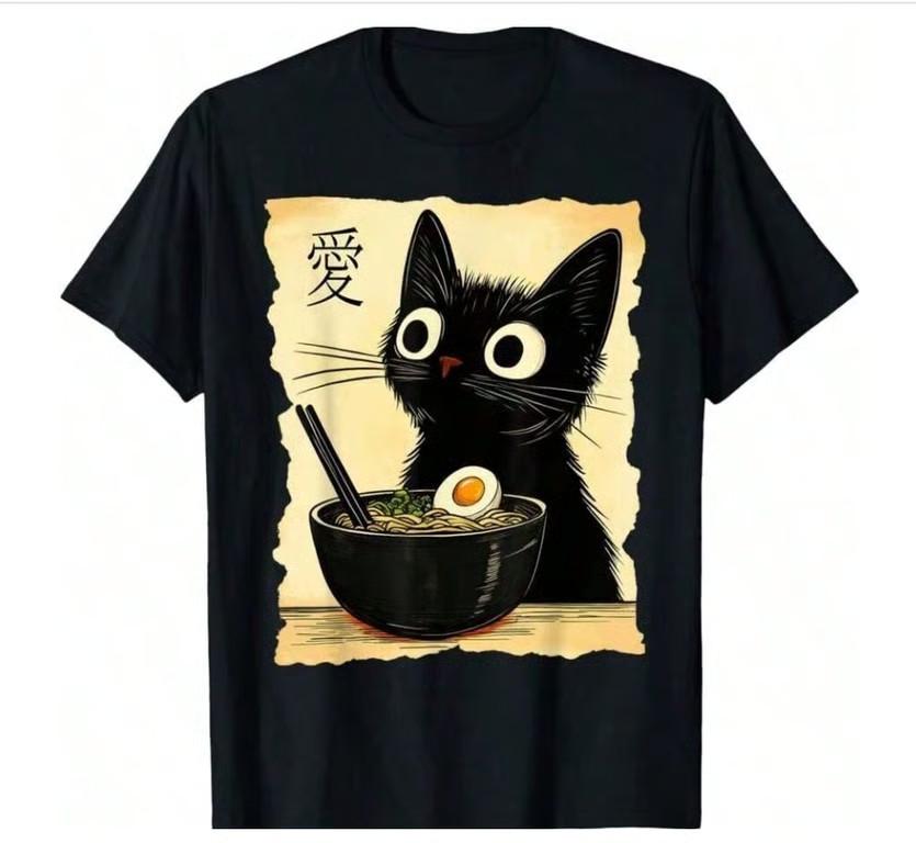 Funny Cat Ramen Graphic Tee Japanese Kawaii Anime Cat T-Shirt Unisex T-Shirt XXL