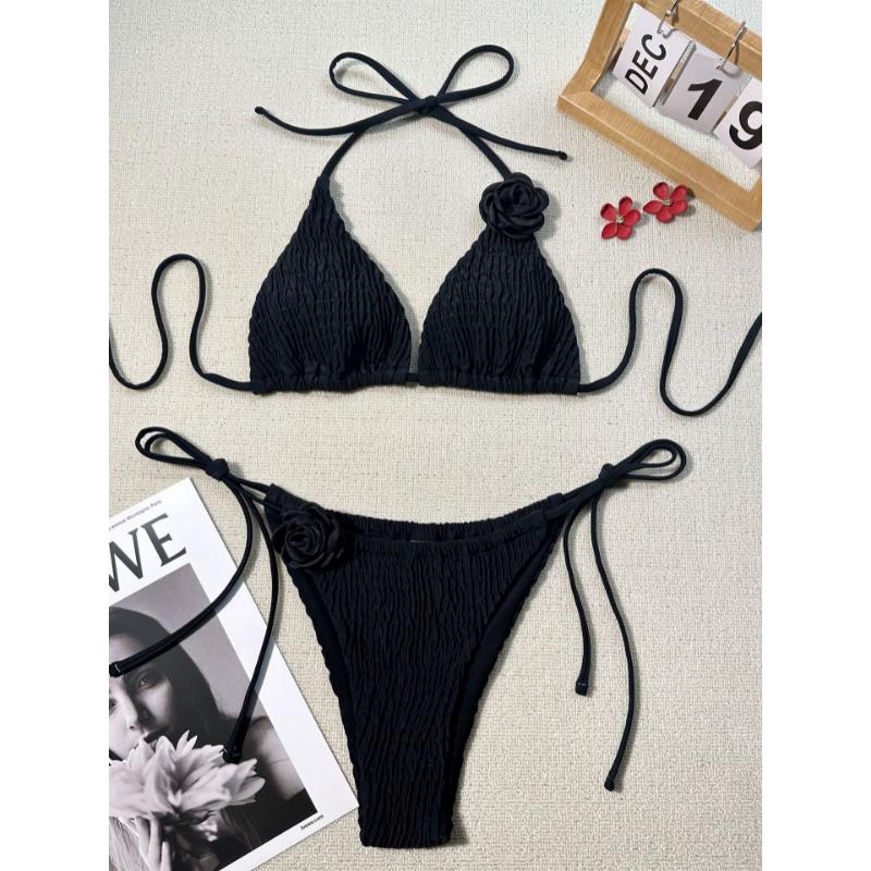 2 Piece Women 3D Rose Flower Bikini Set Smocked Textured Triangle Halter Tie Side Solid Color Sexy Push Up Beach Vacation Bathing Suit