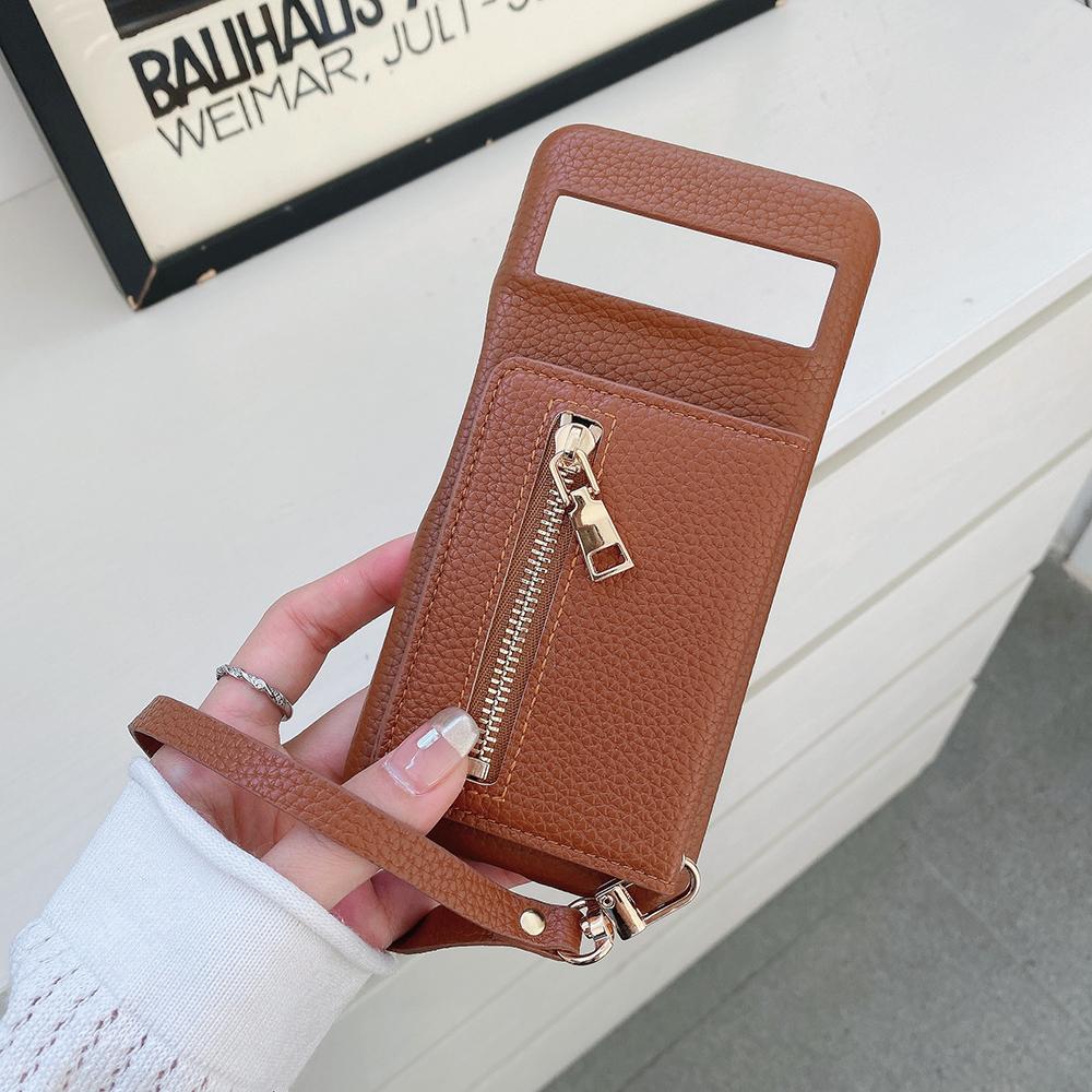 For Google Pixel 8 Pro Case Card Slots Kickstand PU Leather Back Cover with Zipper Pocket,Wrist Strap