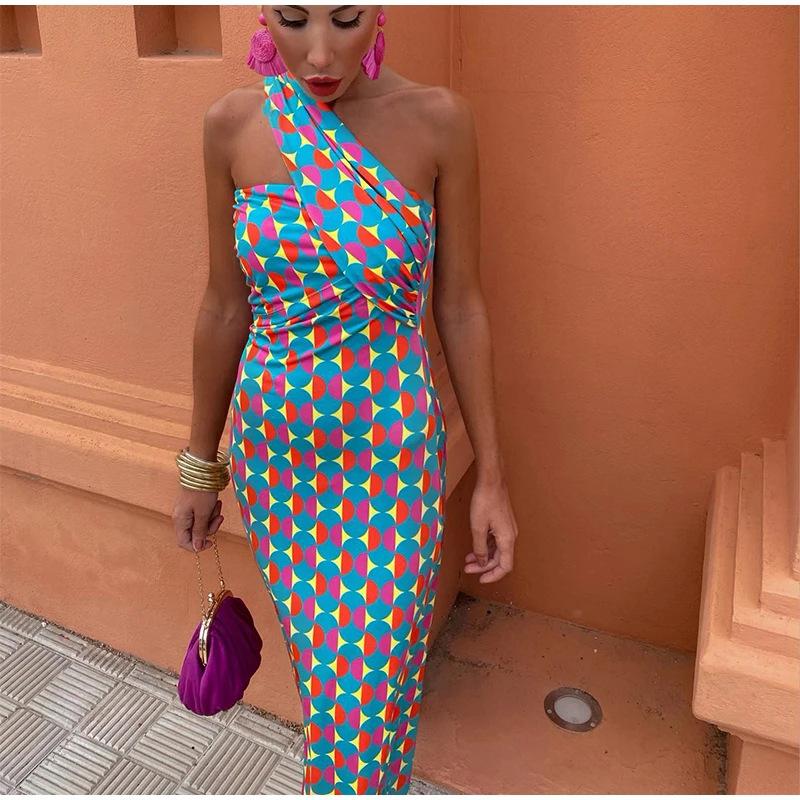 Women's One Shoulder Sleeveless High Waist Maxi Dress Floral Print Backless Maxi Dress